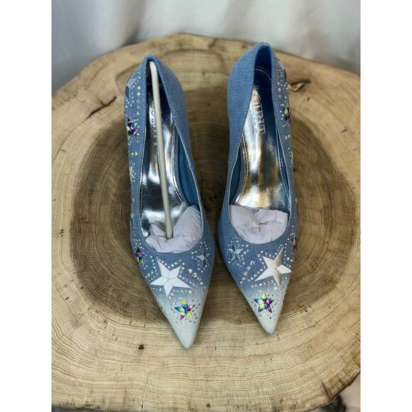 NEW Blue Jean Sparkly Rhinestone Star Embellished Denim Stiletto Heels - Picture 8 of 14